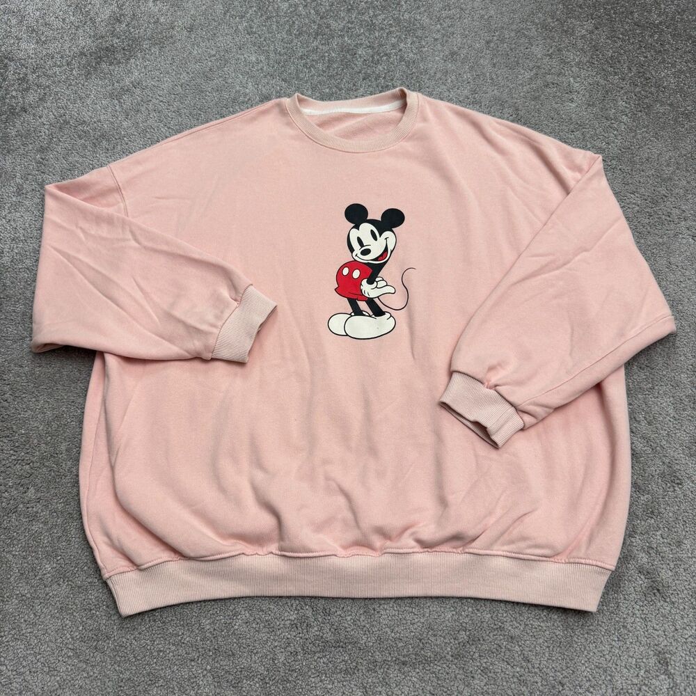 Showing Mickey Mouse Graphic Pullover Sweatshirt Womens Small Pink Crew Neck